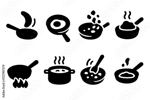 Pan Cooking Icons. Solid, filled icon set of pan cooking actions: flipping, frying, sauteing, searing, simmering, boiling, stir-frying, browning. [Line icons