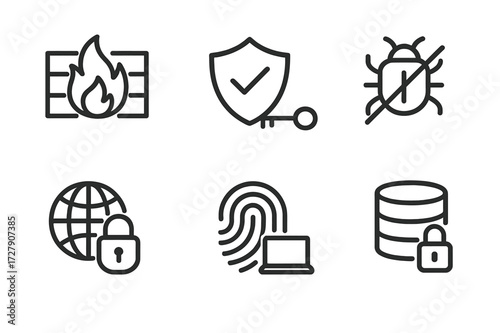 Cybersecurity Icon Set. Outline icon set of cybersecurity protection: firewall, shield with checkmark, password key, antivirus, secure connection, fingerprint,