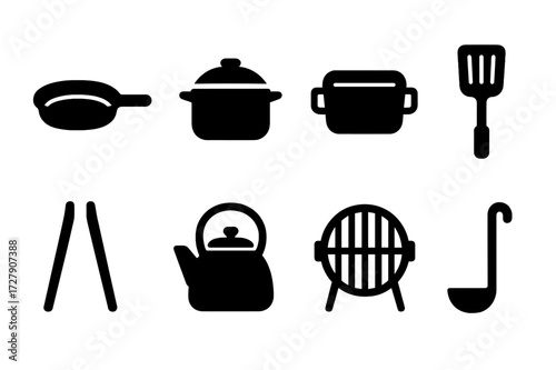 Iron Cooking Utensils. Solid, filled icon set of iron cooking utensils: cast iron skillet, iron pot, iron griddle, iron spatula, iron tongs, iron kettle, iron