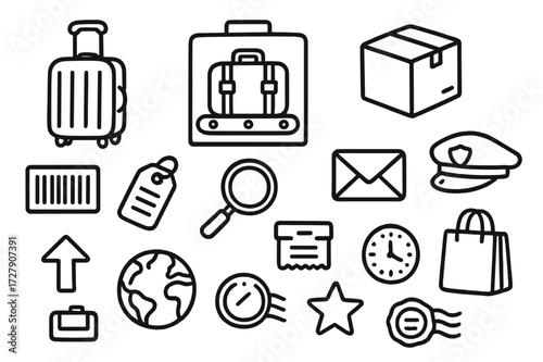 Luggage Inspection Icons. Hand-drawn doodle illustration Luggage screening suitcase, x-ray machine, box, barcode, tag, magnifying glass, envelope, officer hat,