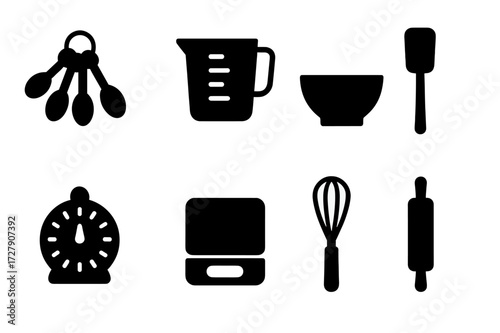Kitchen Tool Icons. Solid, filled icon set of measuring cup accessories: measuring spoons, measuring jug, mixing bowl, spatula, kitchen timer, digital scale,