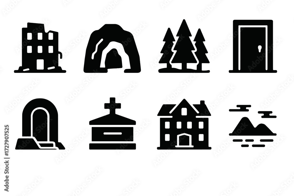 Fototapeta premium Mysterious Places Icons. Solid, filled icon set of mysterious places: abandoned building, secret cave, dark forest, locked room, hidden passage, crypt, old