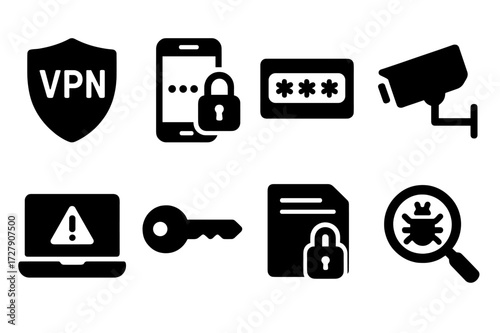 Cybersecurity Icon Set. Solid, filled icon set of cybersecurity tools: VPN, two-factor authentication, password manager, security camera, intrusion detection