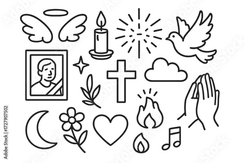 Spiritual Symbols Doodle. Hand-drawn doodle illustration spiritual remembrance angel wings, halo, candle, framed photo, light rays, dove, cross, star, cloud,