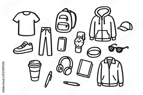 Everyday Essentials Icons. Hand-drawn doodle illustration casual everyday style T-shirt, jeans, sneakers, backpack, hoodie, cap, phone, watch, sunglasses,