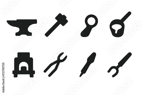 Gold Crafting Icons. Solid, filled icon set of gold crafting: anvil, hammer, jeweler?s loupe, melting pot, crucible, furnace, tongs, engraving tool. Solid,