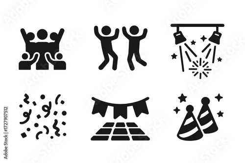 Concert Celebration Icons. Solid, filled icon set of live band audience and vibe: cheering crowd, dancing people, stage lights, confetti, fireworks, banner,