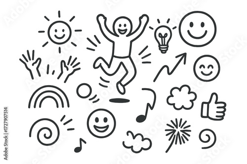 Joyful Energy Doodle. Hand-drawn doodle illustration Joyful Energy jumping person, sunshine, motion line, lightbulb with face, happy emoji, rainbow arch,