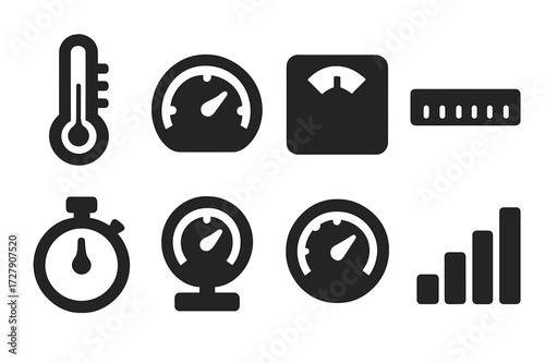 Measurement Icons Grid. Solid, filled icon set of measurement thresholds: thermometer, speed gauge, scale, ruler, timer, pressure meter, gauge dial, signal