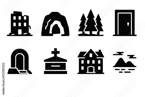 Mysterious Places Icons. Solid, filled icon set of mysterious places: abandoned building, secret cave, dark forest, locked room, hidden passage, crypt, old