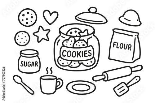 Cookie Jar Doodle. Hand-drawn doodle illustration Cookie jar [cookie jar, cookies inside, lid, round cookie, heart cookie, star cookie, chocolate chip cookie,