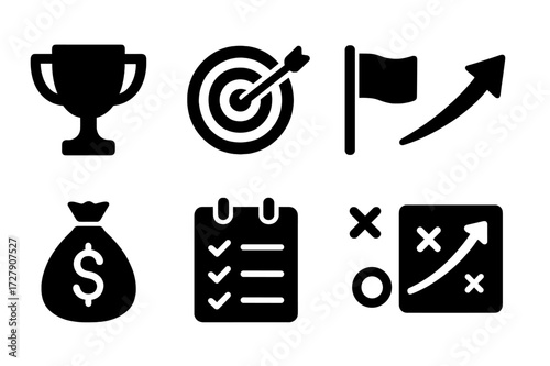 Net Worth Icons. Solid, filled icon set of net worth goals: trophy, target, flag, growth arrow, money bag, checklist, calendar, strategy plan. [Solid, filled