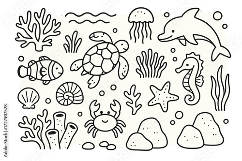 Coral Reef Doodle. Hand-drawn doodle illustration Coral reef habitat coral, sea turtle, clownfish, anemone, seaweed, shell, crab, starfish,