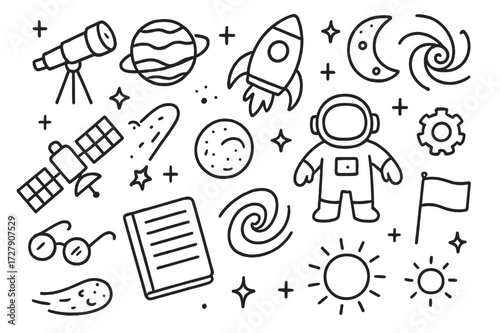 Space Exploration Doodle. Hand-drawn doodle illustration deep space exploration telescope, rocket, planet, moon, star, satellite, comet, astronaut, galaxy