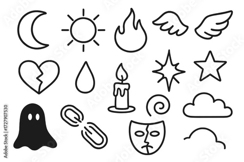 Moon, Sun, and Elements. Hand-drawn doodle illustration Darkness and light moon, sun, flame, wings, star, spark, heart, tear drop, swirl, eye, candle, shadow,