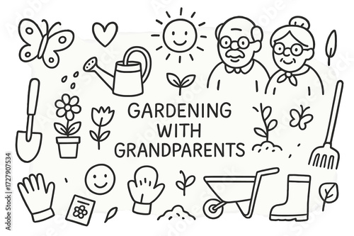 Gardening with Grandparents. Hand-drawn doodle illustration [gardening with grandparents] [shovel, watering can, flower pot, seed packet, glove, sun, heart,