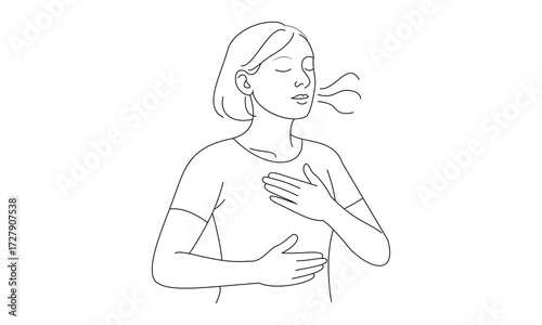 Woman taking deep breath with hands on chest and abdomen