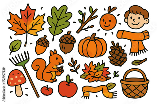 Autumn Doodle Icons. Autumn colors. Colorful Hand-drawn doodle Children illustration Maple leaf, oak leaf, acorn, pumpkin, squirrel, pinecone, mushroom, apple,