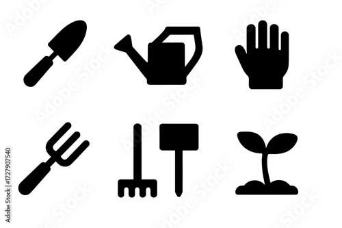 Gardening Tools Icons. Solid, filled icon set of gardening tools: trowel, watering can, seed packet, gloves, garden fork, rake, plant marker, lima bean sprout.