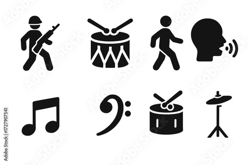 Cadence Icon Set. Solid, filled icon set of cadence types: military cadence, drum cadence, marching cadence, vocal cadence, rhythmic cadence, bass cadence,