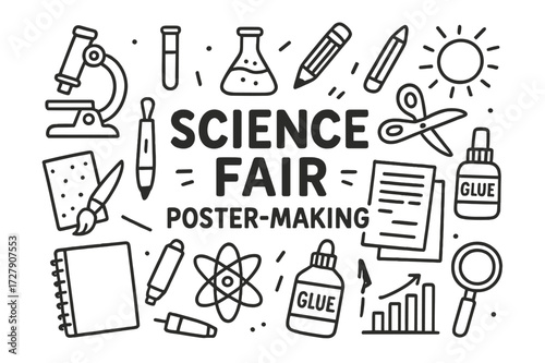 Science Fair Essentials. Hand-drawn doodle illustration Science fair poster-making [microscope, test tube, flask, pencil, ruler, paper, scissors, glue,