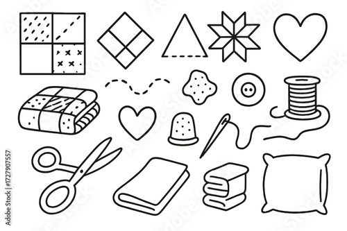 Quilt Pattern Doodles. Hand-drawn doodle illustration Quilt patterns square, diamond shape, triangle patch, star, heart, folded quilt, stitching line, fabric