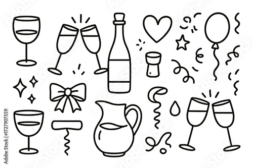 Celebration Doodle Icons. Hand-drawn doodle illustration Celebration toast wine glass, champagne flute, bottle, star, heart, sparkles, balloon, confetti, bow,