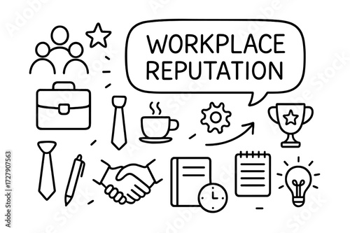Workplace Icon Doodles. Hand-drawn doodle illustration Workplace reputation [speech bubble, people icons, briefcase, tie, coffee cup, star, trophy, gear,