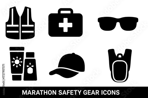 Marathon Safety Gear Icons. Solid, filled icon set of marathon safety gear: reflective vest, first aid kit, whistle, sunglasses, sunblock, hat, hydration pack,