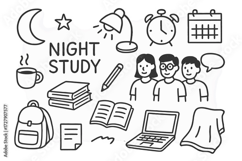 Night Study Doodles. Hand-drawn doodle illustration night study session moon, star, lamp, coffee cup, books, notebook, pencil, clock, group of