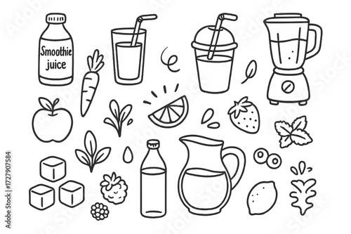 Smoothie and Juice Doodles. Hand-drawn doodle illustration Smoothie and juice, glass of juice, smoothie cup, straw, blender, fruits, vegetables, ice cubes,