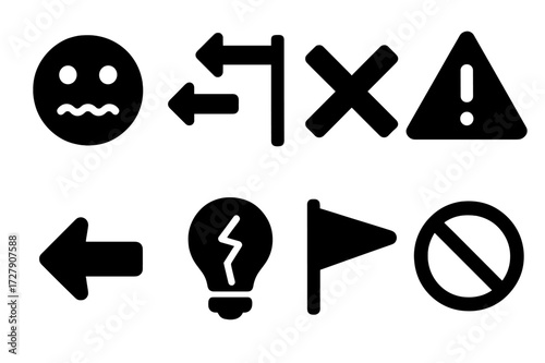 Poor Choice Icons. Solid, filled icon set of poor choice: confused face, decision crossroads, wrong checkmark, error sign, back arrow, broken idea, caution