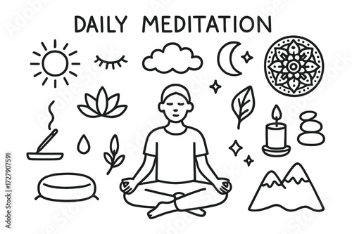 Meditation Doodle Art. Hand-drawn doodle illustration Daily meditation [sitting figure, lotus flower, incense stick, closed eyes, cloud, sun, moon, stars,
