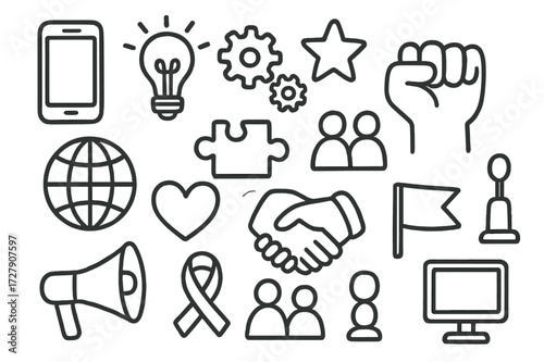 Technology for Social Good. Hand-drawn doodle illustration technology for social good smartphone, light bulb, gears, puzzle piece, star, raised fist,