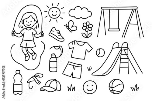 Playground Doodle Fun. Hand-drawn doodle illustration Playground jump rope fun jump rope, swing, slide, sneakers, sun, cloud, flower, butterfly, ball, grass,