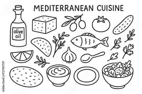 Mediterranean Cuisine Doodles. Hand-drawn doodle illustration [Mediterranean cuisine] [olive oil, feta cheese, olives, tomato, cucumber, pita bread, lemon,