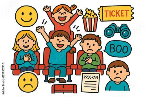 Audience Expressions Icons. Audience reaction. Colorful Hand-drawn doodle Children illustration audience reaction clapping hands, smiling face, sad face,