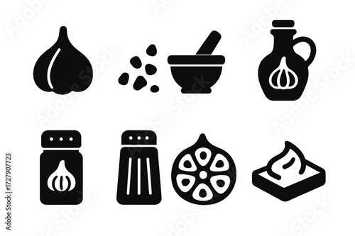 Garlic Preparation Icons. Solid, filled icon set of garlic preparation: peeled garlic, minced garlic, crushed garlic, garlic oil bottle, garlic powder jar,
