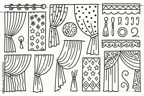 Doodle Curtain Patterns. Hand-drawn doodle illustration Curtain patterns stripes, dots, floral patterns, stars, geometric shapes, curtain folds, curtain rod,