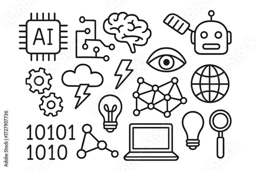 AI Doodle Compilation. Hand-drawn doodle illustration artificial intelligence chip microchip, circuit board, brain, robot head, gears, cloud, lightning bolt,