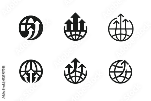 Carbon Emission Logos. Carbon emissions growth. Set Logo of carbon emissions growth: Globe with carbon arrows. harmonious logo variations of the same