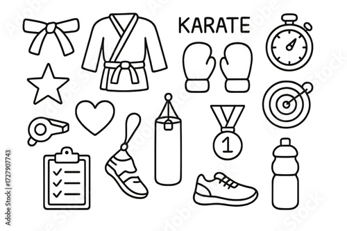 Martial Arts Doodle Icons. Hand-drawn doodle illustration Martial arts discipline [karate belt, uniform, dojo, gloves, stopwatch, star, heart, whistle, target,