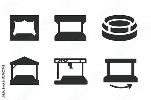 Stage Icons Grid. Solid, filled icon set of stage types: proscenium stage, thrust stage, arena stage, black box theater, open air stage, catwalk stage,