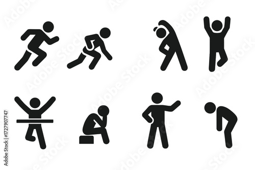 Running Icons Set. Solid, filled icon set of running postures: running pose, sprinting pose, stretching pose, jumping pose, finishing pose, resting pose,