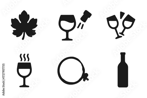Wine Icons Grid. Solid, filled icon set of wine symbols: grapevine leaf, wine swirl, cork pop, toast, aroma lines, wine ring, stain splash, bottle silhouette.