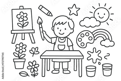 Children's Art Class. Hand-drawn doodle illustration painting class for children child with brush, easel, flower pot, paint palette, water cup, crayon, apron,