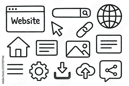 Website Elements Doodle. Hand-drawn doodle illustration Website [browser window, cursor arrow, search bar, globe, chain link, homepage icon, text block, image