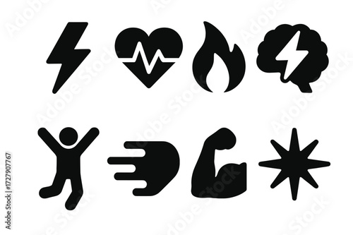 Energy Icon Set. Solid, filled icon set of energy boost effects: lightning strike, heart pulse, flame burst, brain spark, jumping figure, speed lines, flexed