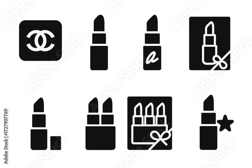 Lipstick Icon Collection. Solid, filled icon set of lipstick brands: designer logo, classic tube, limited edition, signature shade, promotional box, tester