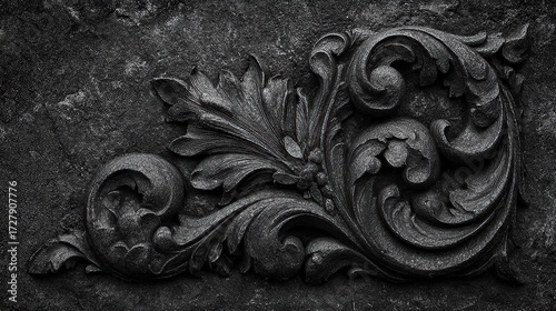 Ornate stone carving with elaborate curled acanthus leaves, in high contrast black and white